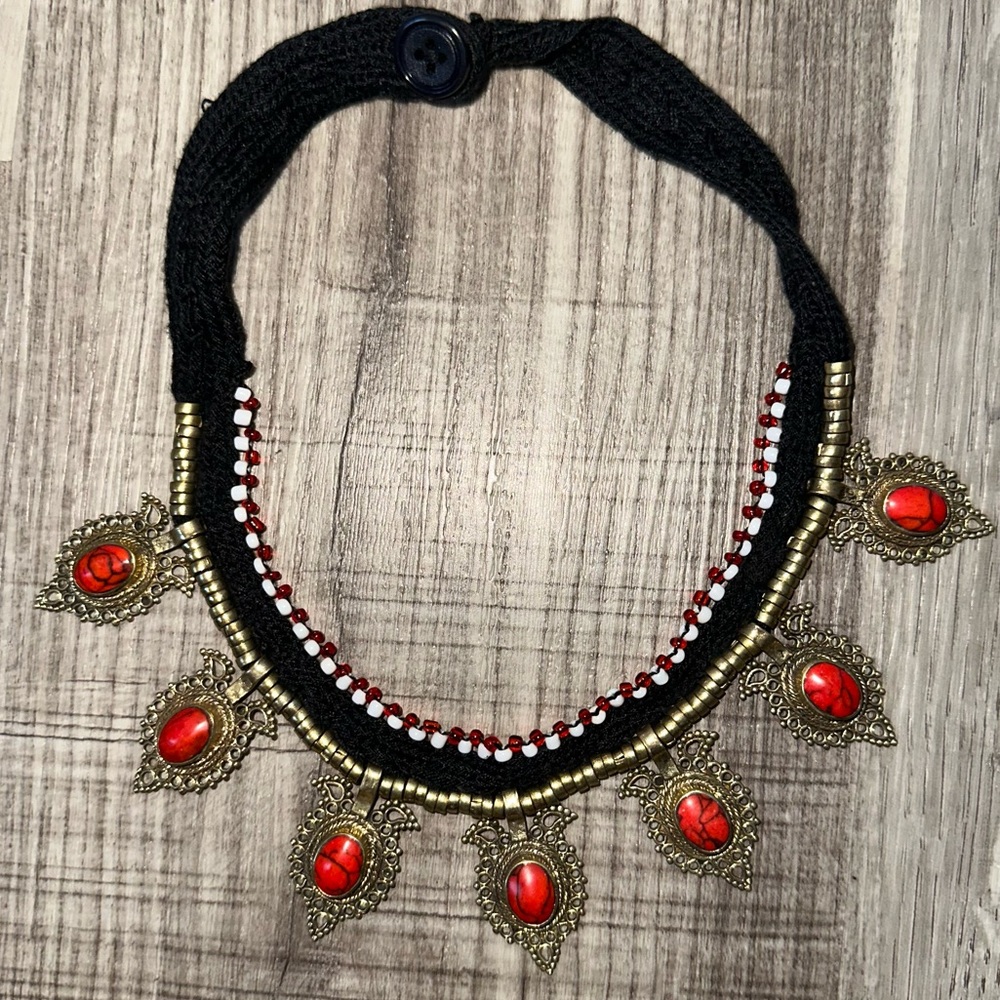 Red Stone Gold Accent Choker Necklace
